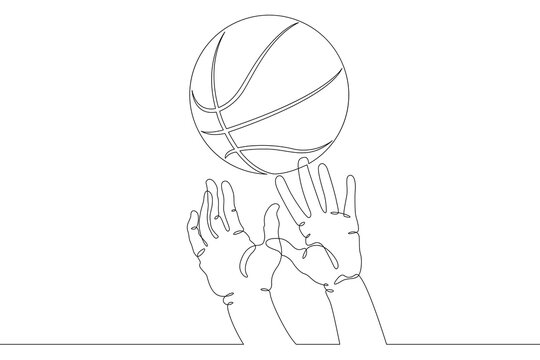 Basketball game. Hands reach out to grab the basketball in the game. Basketball ball. One continuous drawing line  logo single hand drawn art doodle isolated minimal illustration