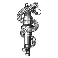 Illustration of snake on car spark plug. Design element for poster, card, banner, sign. Vector illustration