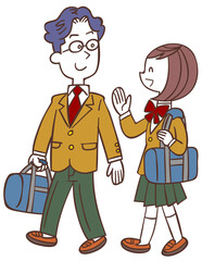 歩いて通学する男女の学生
