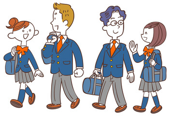 歩いて通学する男女の学生
