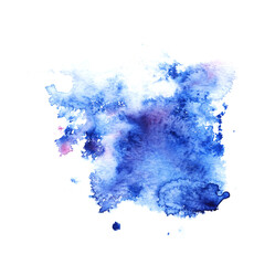 Abstract watercolor background. Shapeless blurry paint stain of blue colors with small lilac splashes on white backdrop. Hand drawn illustration on wet paper