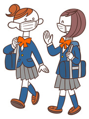 マスクをして歩いて通学する女子学生
