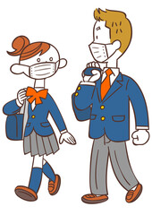 Fototapeta premium マスクをして歩いて通学する男女の学生 