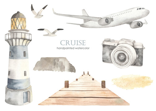 Watercolor set of sea cruise with airplane, lighthouse, pier, camera, seagulls, sand