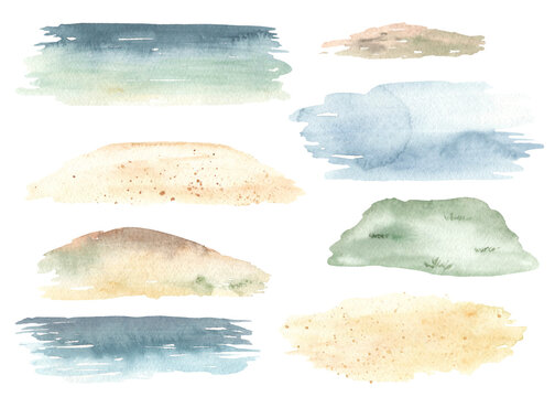 Watercolor sea cruise set with sandy beach, sea, hill, sky, watercolor stains