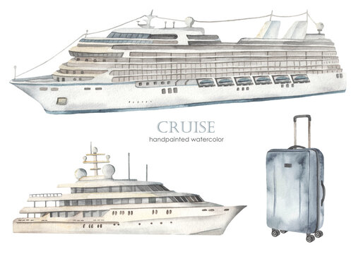 Watercolor set of sea cruise with cruise ship, yacht, travel suitcase