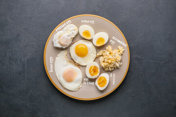 Plate with different delicious egg recipes on dark background