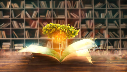Open magic book with growing tree on table in library