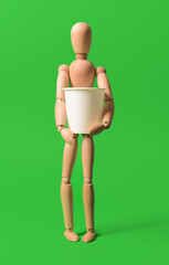 Wooden mannequin with empty pot on color background