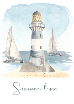 Summer time watercolor card with lighthouse, seascape, yacht, catamaran