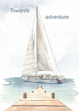 Watercolor card for adventure with pier, yacht, seascape