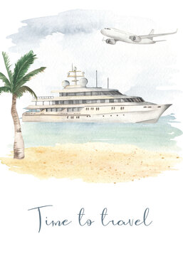 Watercolor map Time to travel with seascape, yacht, airplane, palm tree