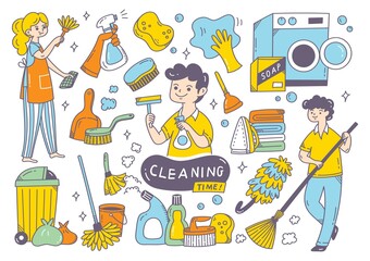 Cleaning supplies doodle isolated on white background