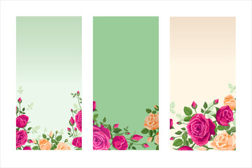 Vertical floral background with roses. Vector illustration for screens, smartphones and social media stories. Banner for online marketing, sales. Vignette, frame, border bouquet of pink, orange roses.