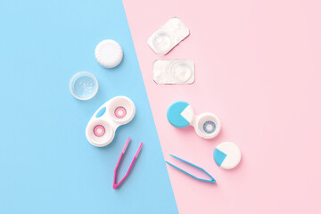Composition with contact lenses and accessories on color background