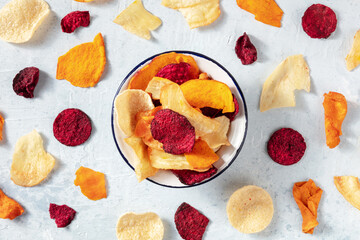 Vegetable chips, shot from the top, a variety of fruit and vegetable crisps