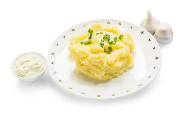 Plate with tasty mashed potatoes and garlic on white background