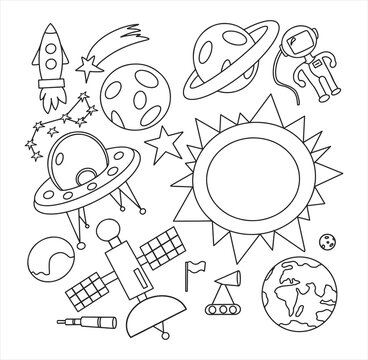 Hand draw space illustration with a rocket, astronaut, planets and aliens. Cute, children s vector drawing about spaceships, flying saucers and shuttles. Space with Saturn, Jupiter and stars