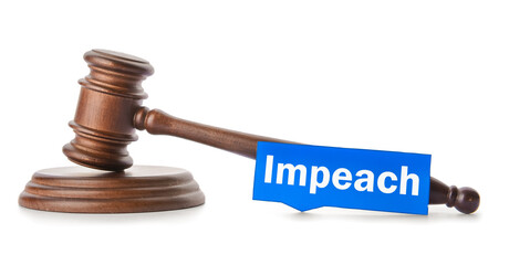 Paper with word IMPEACH and judge gavel on white background