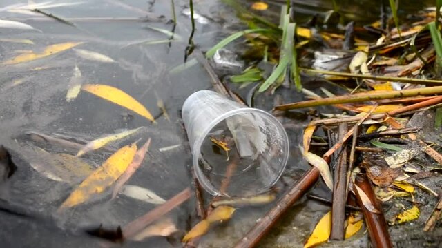 Plastic pollution of water bodies, Plastic cup for cocktails slowly drifting under water, reflecting from the surface of the water. The ecological problem of environmental pollution.