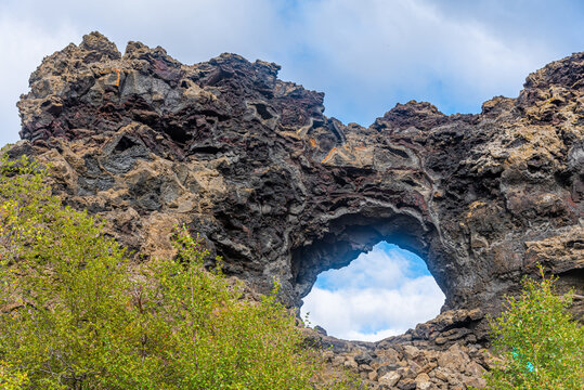 Rock window at Dimmuborgir lava field situated on Iceland