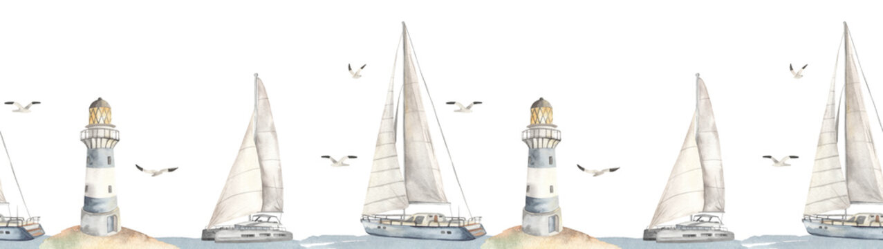 Watercolor seamless border sea cruise with yacht, catamaran, lighthouse, seagulls