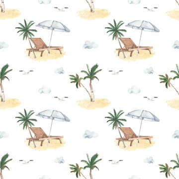 Watercolor seamless pattern sea beach vacation with beach lounger, sand, palm trees, clouds, beach umbrella, seagulls on white background