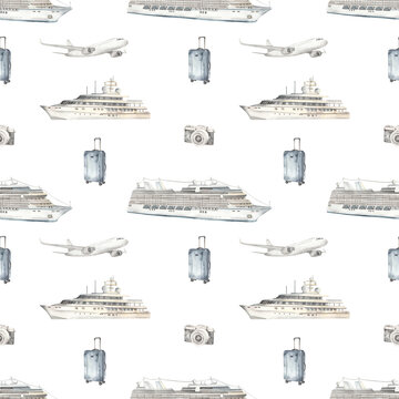 Watercolor seamless pattern sea cruise with cruise ship, suitcase, camera, airplane on white background