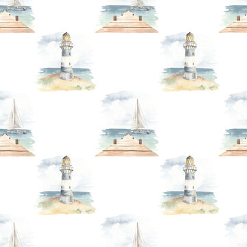 Watercolor seamless pattern sea cruise with seascape, yacht, lighthouse on white background