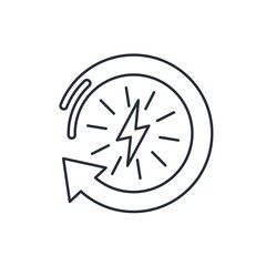 Lightning and turnover arrow. Energy generation and storage. Vector linear icon isolated on white background.