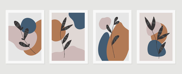 Botanical wall art vector set. Earth tone background foliage line art drawing with abstract shape and watercolor. Design for wall framed prints, canvas prints, poster, home decor, cover, wallpaper