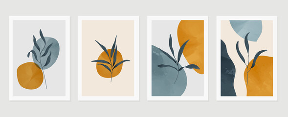 Fototapeta premium Botanical wall art vector set. Earth tone background foliage line art drawing with abstract shape and watercolor. Design for wall framed prints, canvas prints, poster, home decor, cover, wallpaper