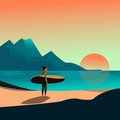 Ocean view. Summer background. Boy surfing. Flat style .Vector  illustration