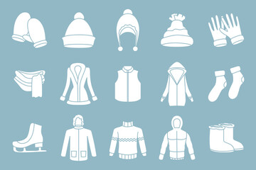 Winter clothing Icons set - Vector silhouettes of scarf, cap, jacket, sweater, coat, mitten, and other clothes for the site or interface