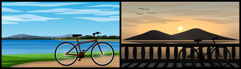Fototapeta na wymiar Two image of A bike parked near a beautiful natural lake, one in the clear daylight. And the other is sunset time