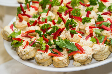 Food snacks and appetizers with cheese, meat  on table. Catering banquet table. Catering party. Corporate event or wedding celebration.