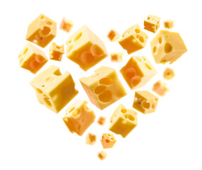 Cheese cubes in the shape of a heart on a white background