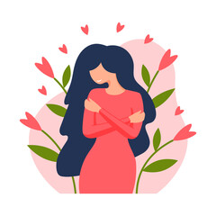 Obraz na płótnie Canvas Young woman hugging herself. Love yourself. Self love concept. Love your body concept. Vector illustration in flat style