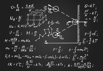 Molecular Physical equations and formulas on blackboard. Vector hand-drawn illustration. Scientific and educational background.
