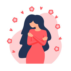Young woman hugging herself. Love yourself. Self love concept. Love your body concept. Vector illustration in flat style