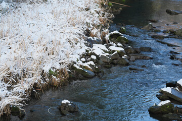 雪が降る冬の川