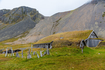 Artificial viking village used as a movie setting at Stokksnes, Iceland