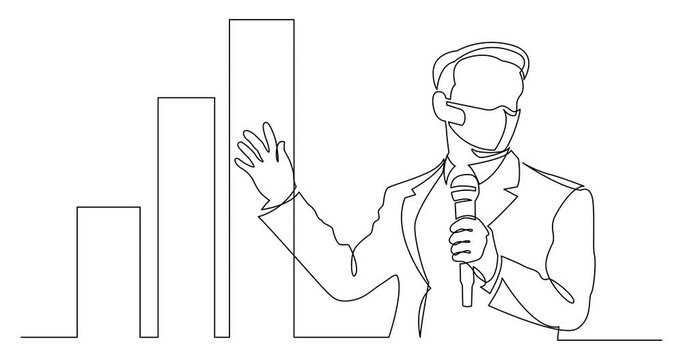 Self drawing continuous line animation of business presentation - business coach wearing face mask showing increasing chart