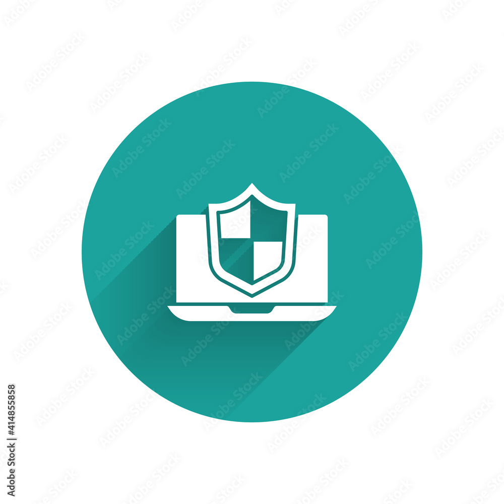 Poster white laptop protected with shield icon isolated with long shadow. pc security, firewall technology,