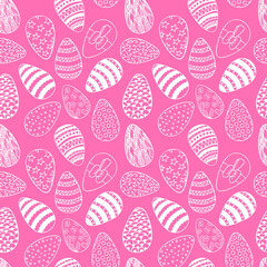 Easter pattern with decorated eggs in doodle style on pink background. Scrapbook paper, wrapping paper, fabric, textile designs.