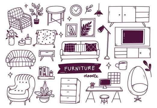 set of interior object in hand drawn doodle style 
