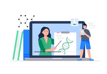 Online science learning concept. Course from professionals, bloggers, scientists. Online education, e-learning, studying at home. Vector flat illustration.