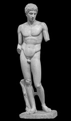 Ancient white marble full length sculpture of naked young man. Antique classic statue of youngster isolated on black. Stone figure of teenager