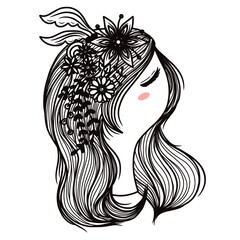 young woman and beautiful long hair with flower wreath on her head
