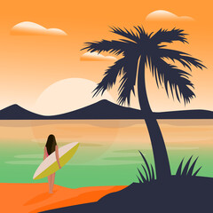 Ocean view. Summer background. Woman surfing. Vector illustration